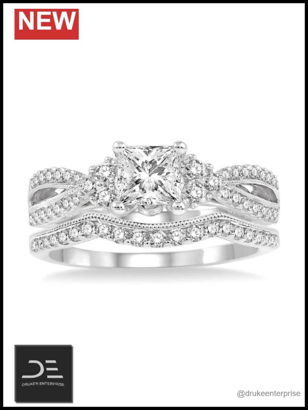 1.5 Carat Princess Cut Moissanite Bridal Set Platinum Plated Silver Halo